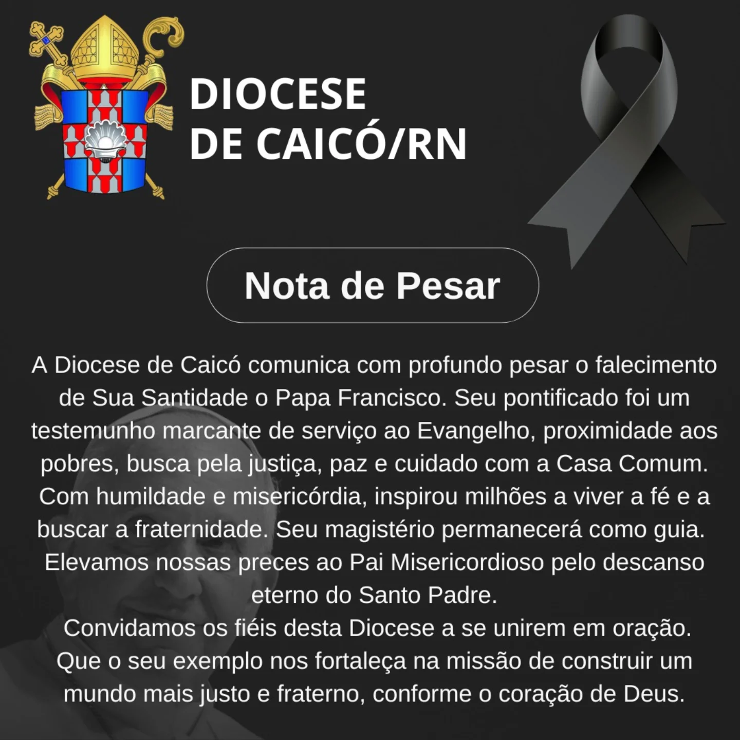 Diocese de Caicó emite nota de pesar pela morte do Papa Francisco