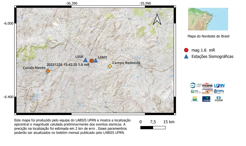 Currais Novos já registrou sete tremores de terra em dezembro de 2025, aponta laboratório da UFRN